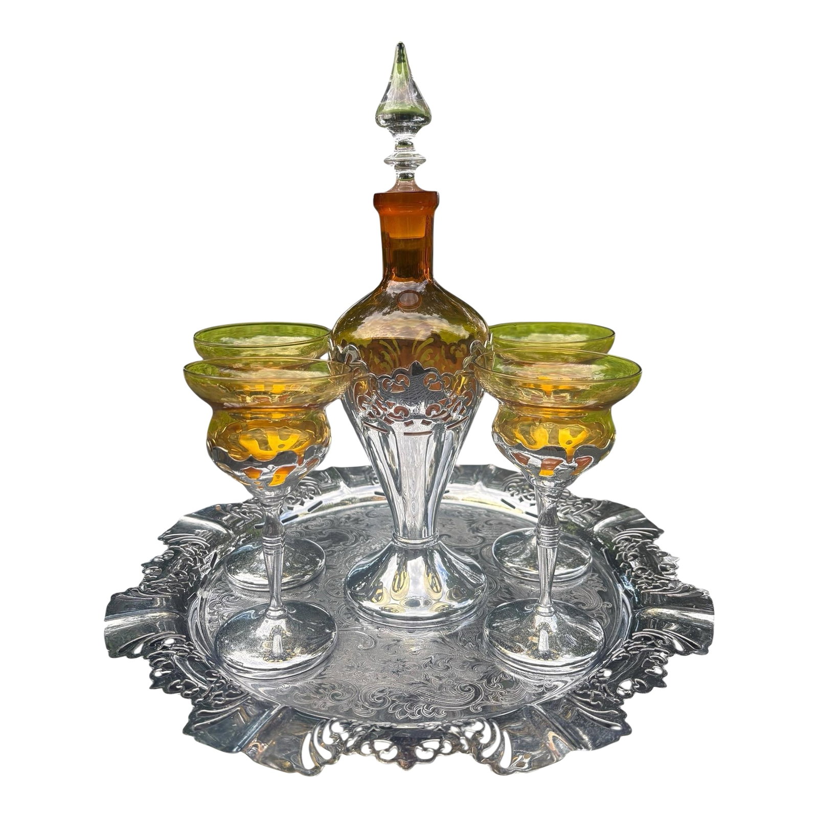 1930s Art Deco Chrome Amber Yellow Glass Decanter & Cordial Set W/Tray: 1930 ms Art Deco Farber Bros Krome Kraft Chrome & Amber Decanter w/Stopper, 4 Yellow & Chrome Cordial glasses & Chrome Tray. Condition: Alterations: Original Condition Unaltered Imperfections: Some Im