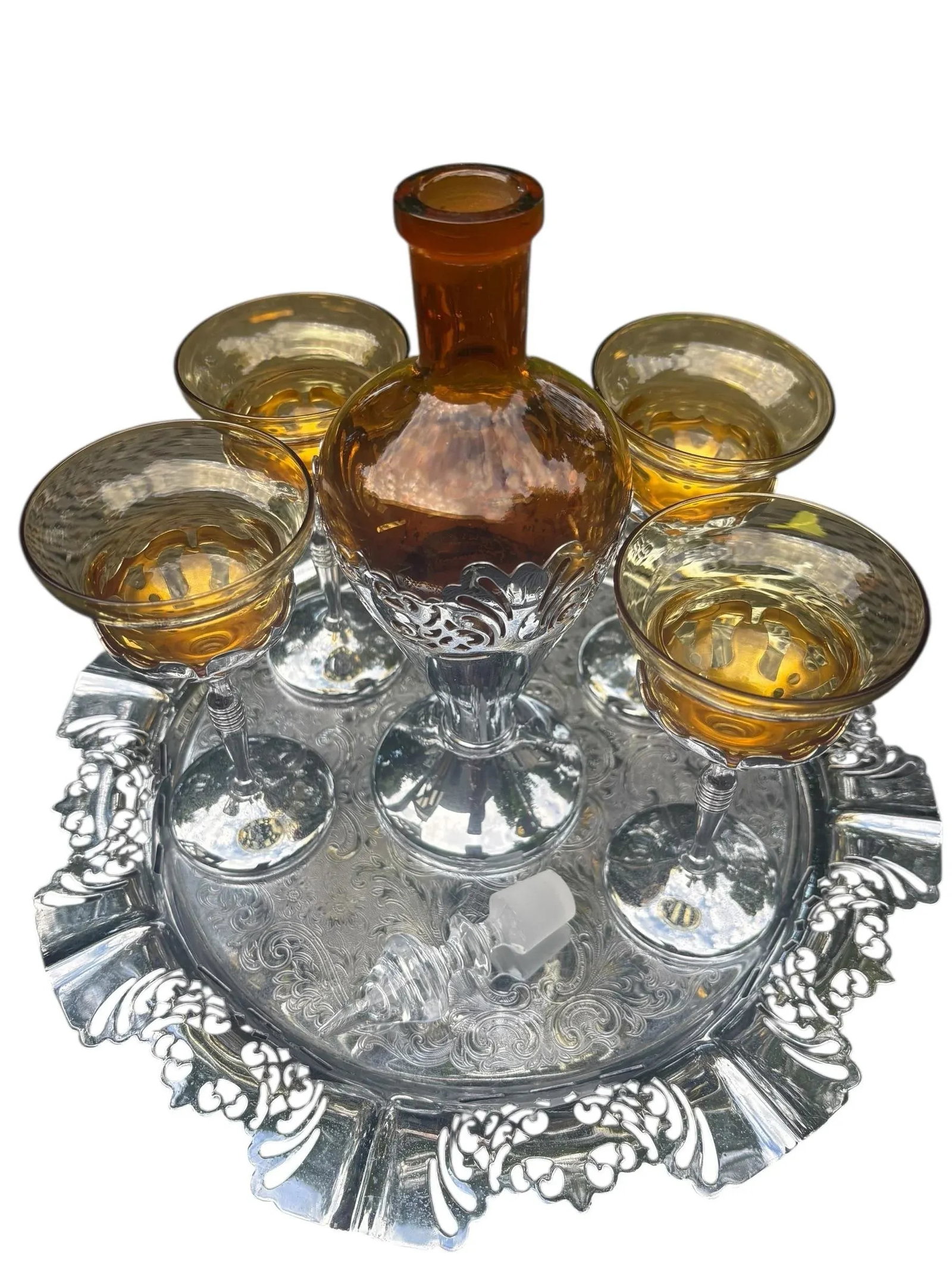 1930s Art Deco Chrome Amber Yellow Glass Decanter & Cordial Set W/Tray - 2