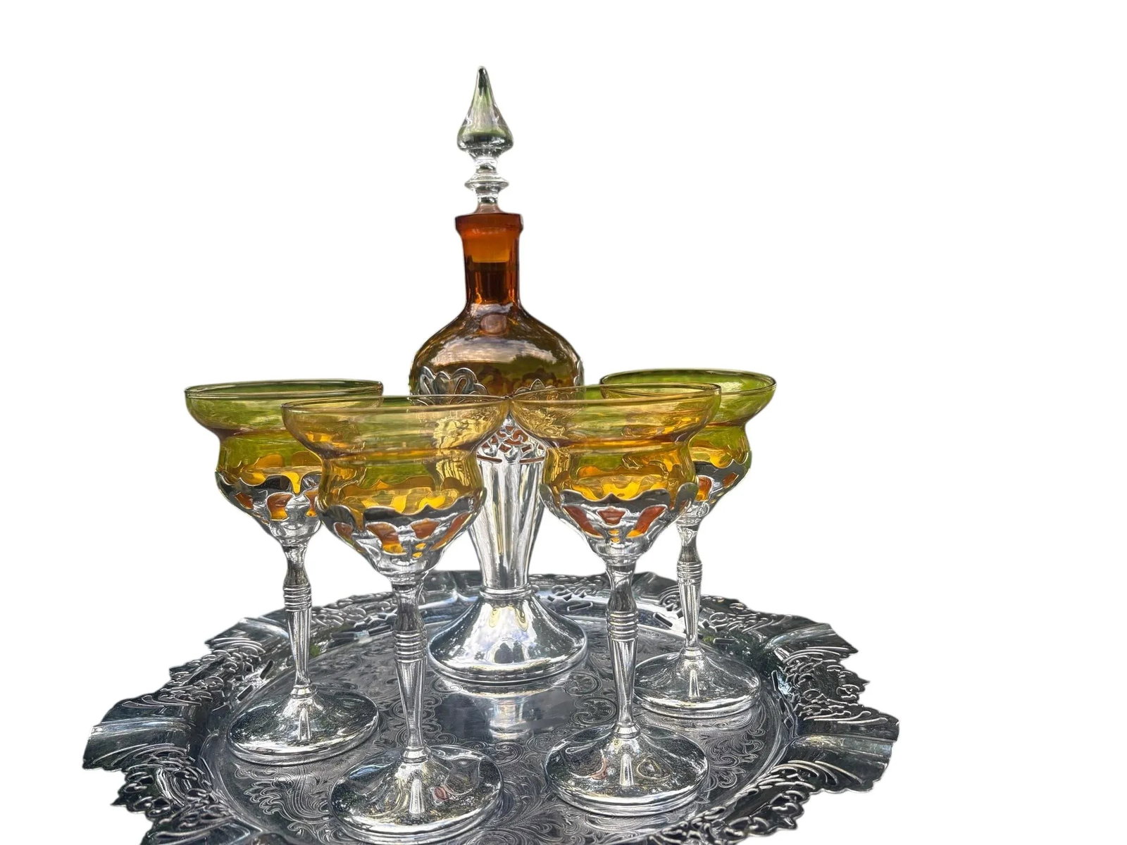 1930s Art Deco Chrome Amber Yellow Glass Decanter & Cordial Set W/Tray - 3