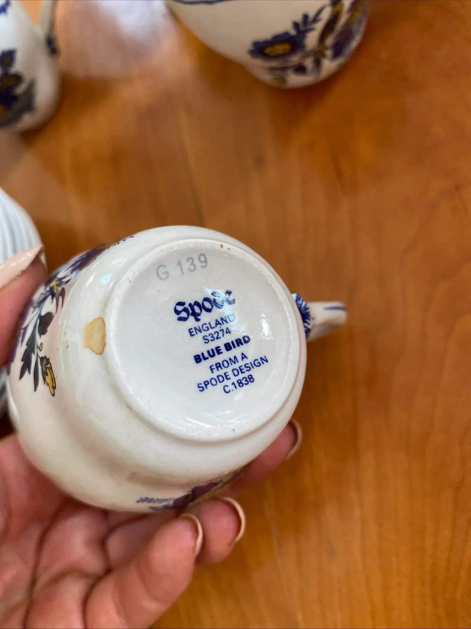 Spode Blue Harvest Tea Cups Full Set of 6 Blue Bird England 1838 Antique Saucers - 11