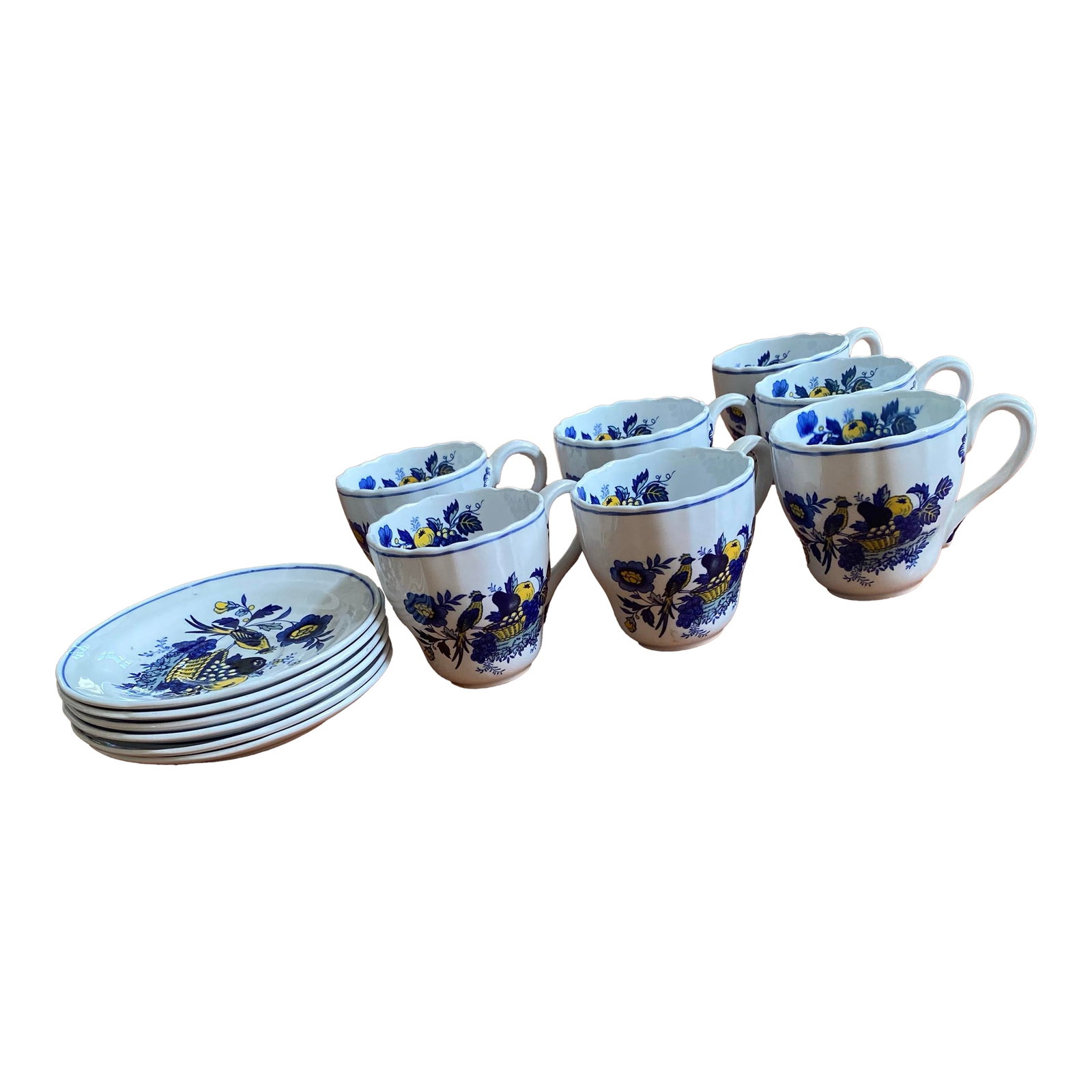 Spode Blue Harvest Tea Cups Full Set of 6 Blue Bird England 1838 Antique Saucers (1 of 12)