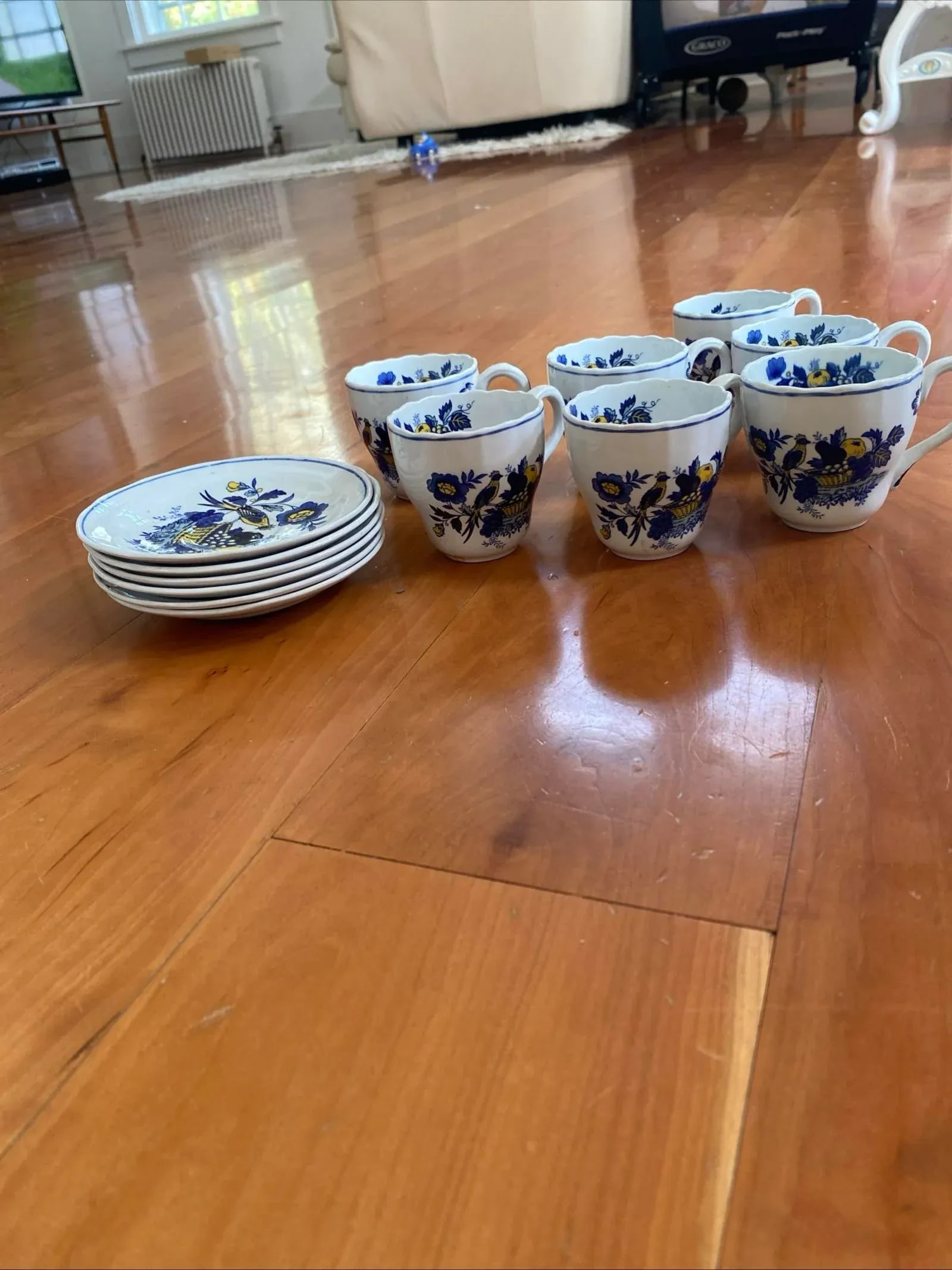 Spode Blue Harvest Tea Cups Full Set of 6 Blue Bird England 1838 Antique Saucers - 3