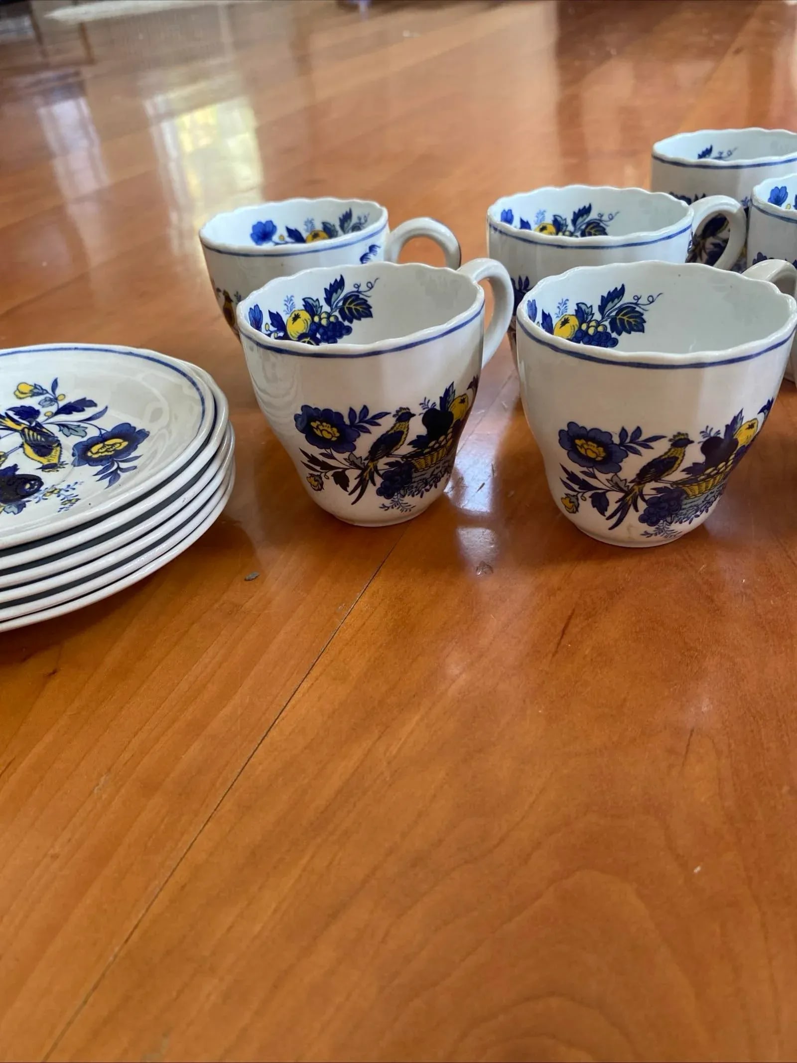 Spode Blue Harvest Tea Cups Full Set of 6 Blue Bird England 1838 Antique Saucers - 4