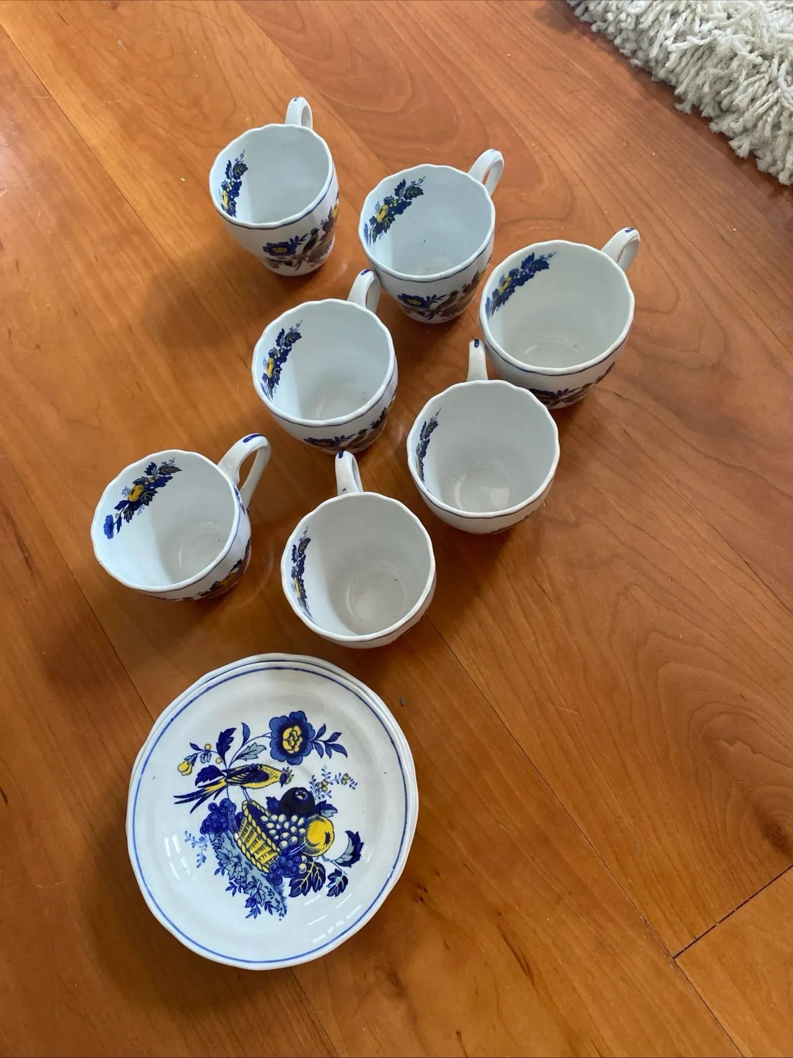 Spode Blue Harvest Tea Cups Full Set of 6 Blue Bird England 1838 Antique Saucers - 5