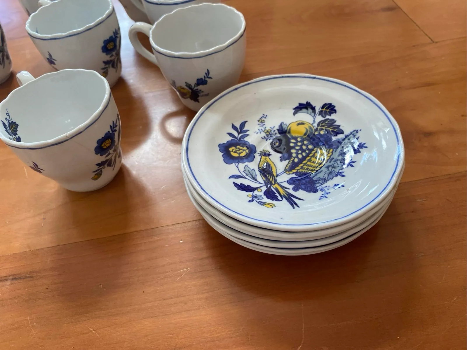 Spode Blue Harvest Tea Cups Full Set of 6 Blue Bird England 1838 Antique Saucers - 7