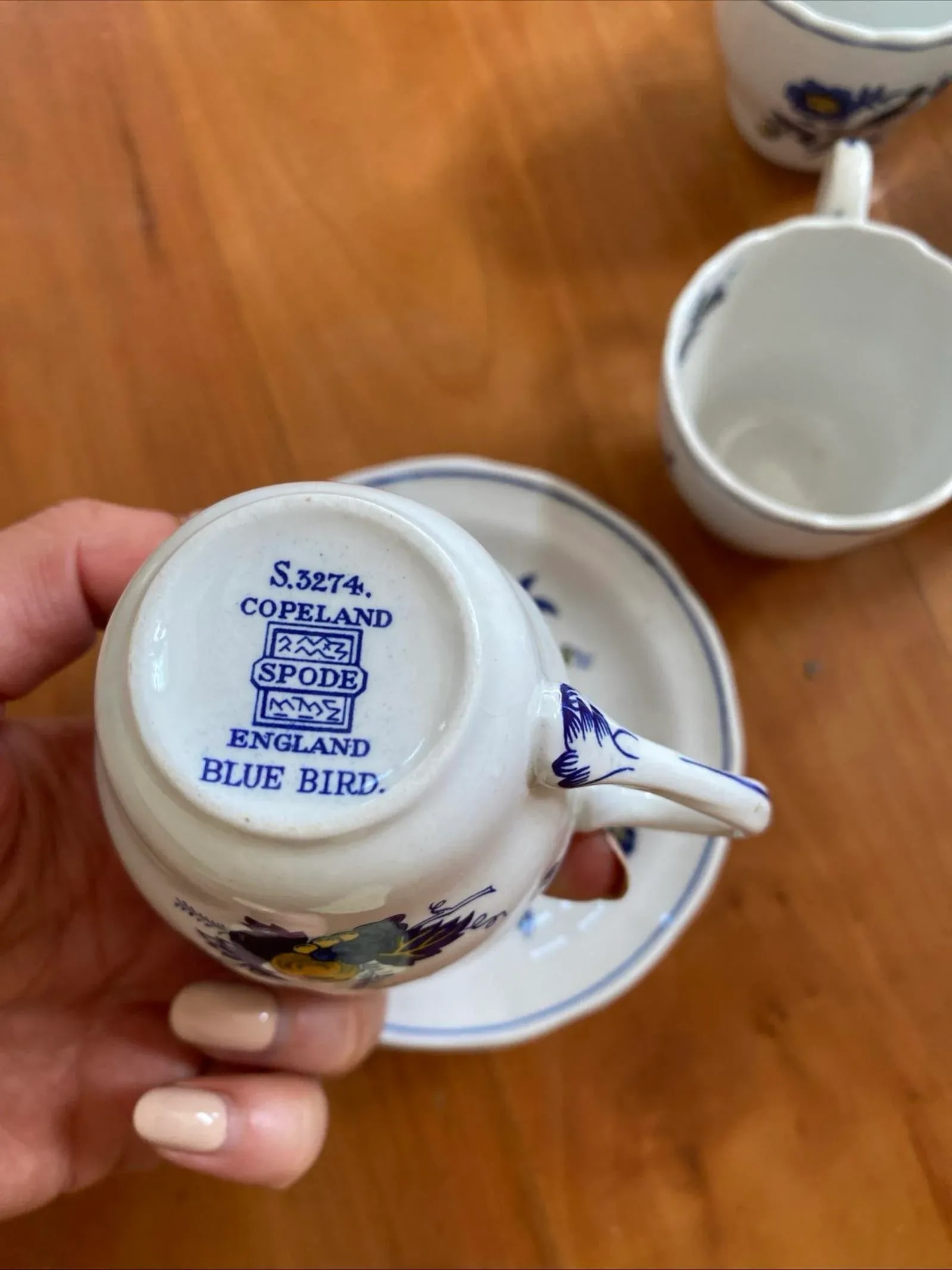 Spode Blue Harvest Tea Cups Full Set of 6 Blue Bird England 1838 Antique Saucers - 8