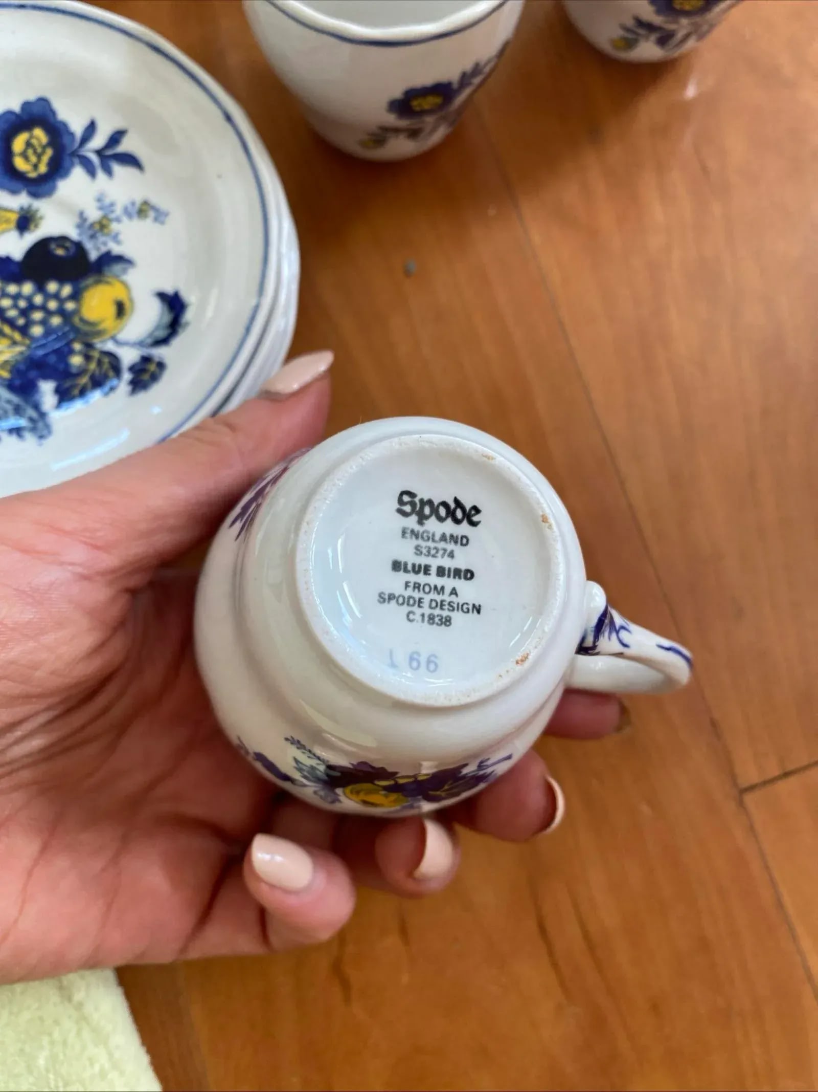 Spode Blue Harvest Tea Cups Full Set of 6 Blue Bird England 1838 Antique Saucers - 9