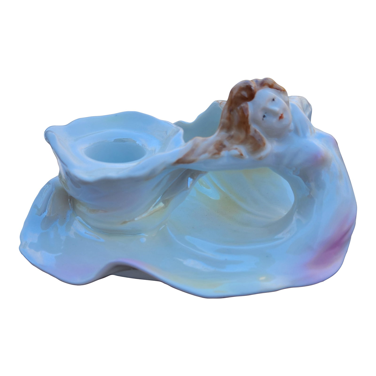 Early 20th Century Royal Bayreuth Art Nouveau Lady Figural Woman Chamberstick Candle Holder: Royal Bayreuth Art Nouveau Lady Figural Woman Dresser Tray Bavaria Blue Mark 10" Good vintage condition. No damage to the visible portion. A couple minor chips on the underside as shown. Some minor
