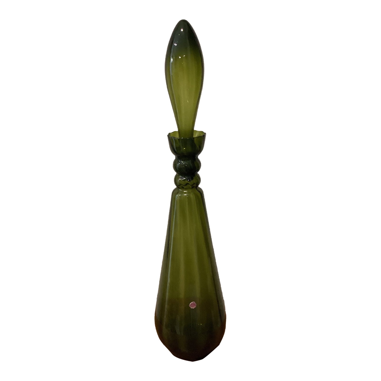 Mid Century Modern Tall Empoli Glass "Genie" Bottle/Decanter in Green With Stopper Italy: This product is a vintage mid-century modern tall Empoli glass decanter, also known as a "Genie" bottle, in a beautiful green color with a ribbed pattern. Handmade in Italy during the mid 20th