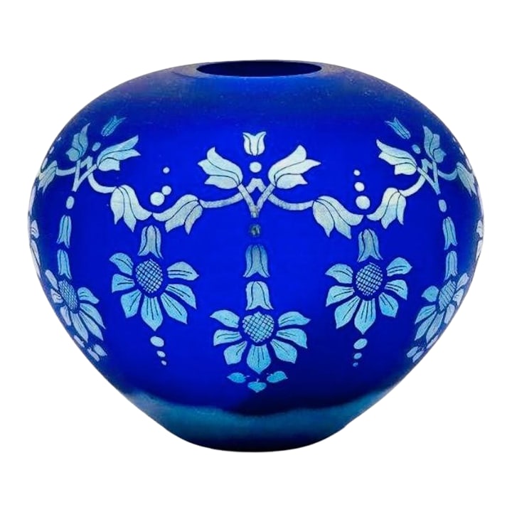 1980s Fenton Favrene Satin Sunflower Blue Art Glass-Etched-Cobalt Vase, Limited Edition: This striking Fenton Favrene Satin Sunflower Vase is a limited edition collectible, numbered 416 of only 600 produced. Standing 5.25" tall and 6.5" in diameter, it showcases Fenton's signature