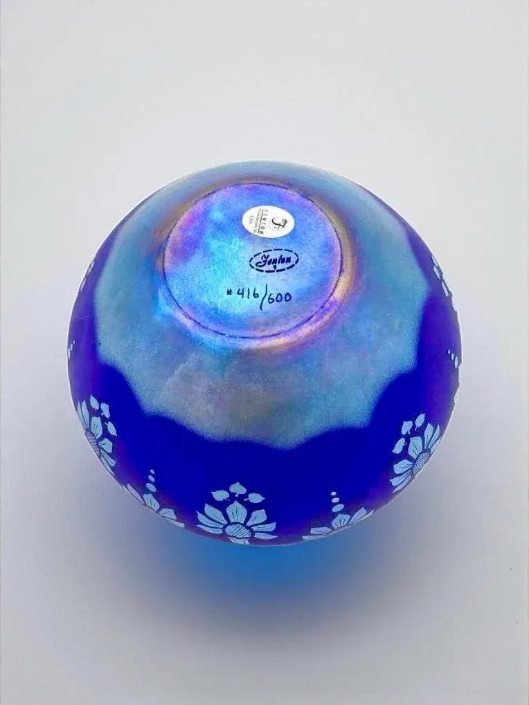 1980s Fenton Favrene Satin Sunflower Blue Art Glass-Etched-Cobalt Vase, Limited Edition - 7