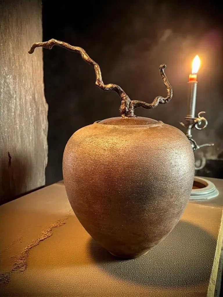 Late 20th Century Carol Green Studio Pottery Lidded Jar-Bronze Vine Finial-Art-Raku Clay-Wabi Sabi - 10