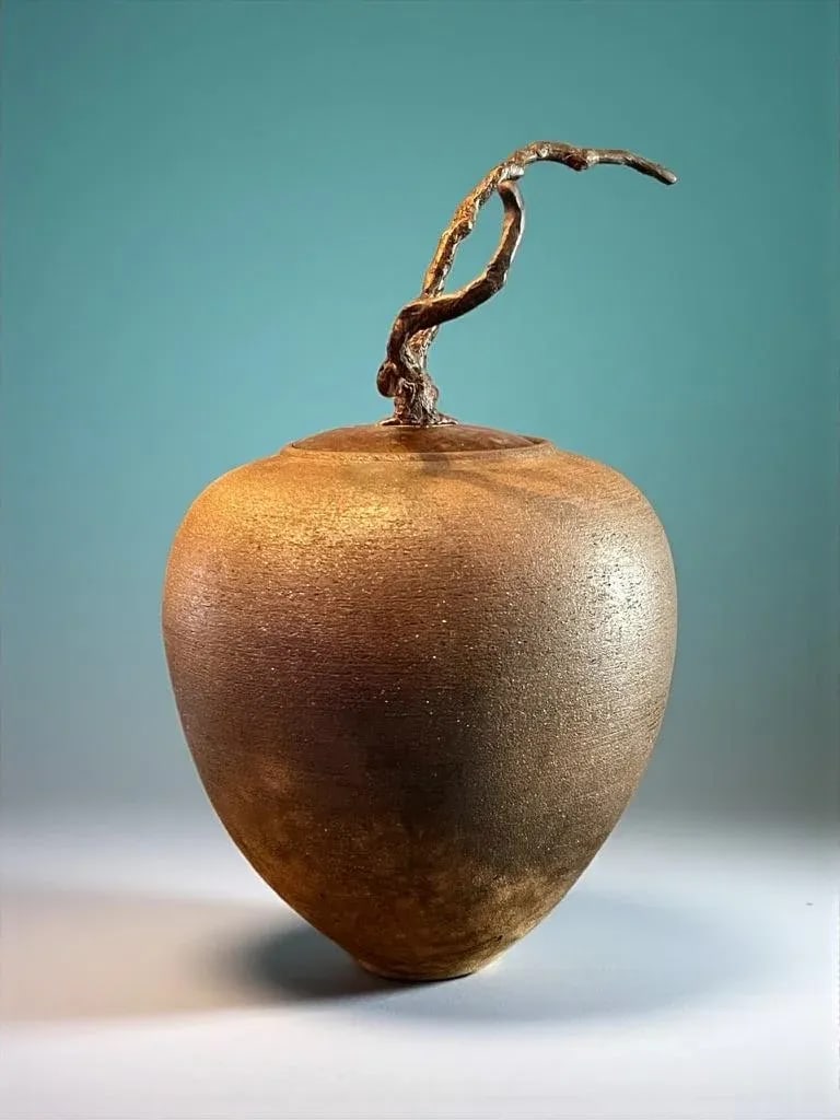 Late 20th Century Carol Green Studio Pottery Lidded Jar-Bronze Vine Finial-Art-Raku Clay-Wabi Sabi - 3