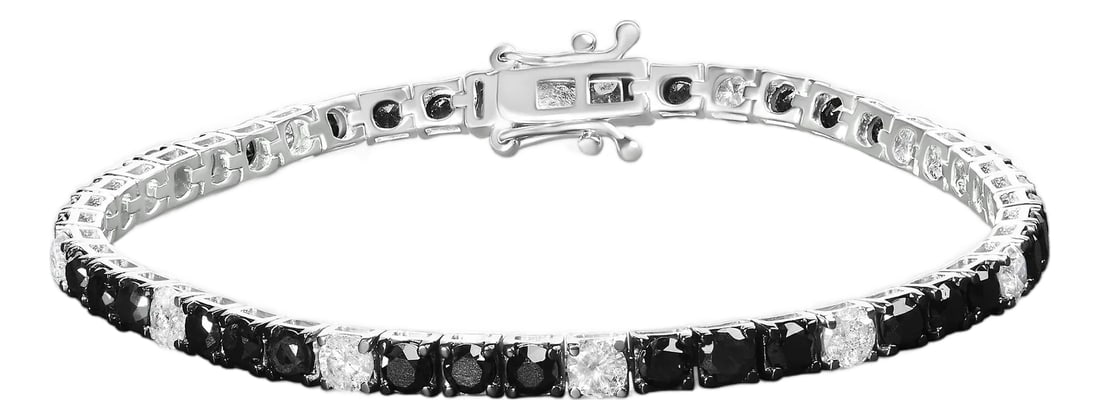 .925 Sterling Silver 10.0 Cttw Black and White Diamond Tennis Bracelet (I-J Color, I2-I3 Clarity) -: Elevate your style with this striking .925 sterling silver tennis bracelet, featuring a dazzling 10.0 carats of natural diamonds. Alternating between the brilliance of white diamonds and the rich,