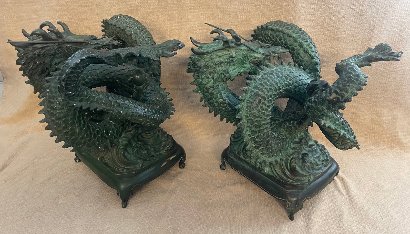 Vintage Cast Bronze Asian/Chinese Dragons Water-Feature Sculptures - Set of 2 - 13