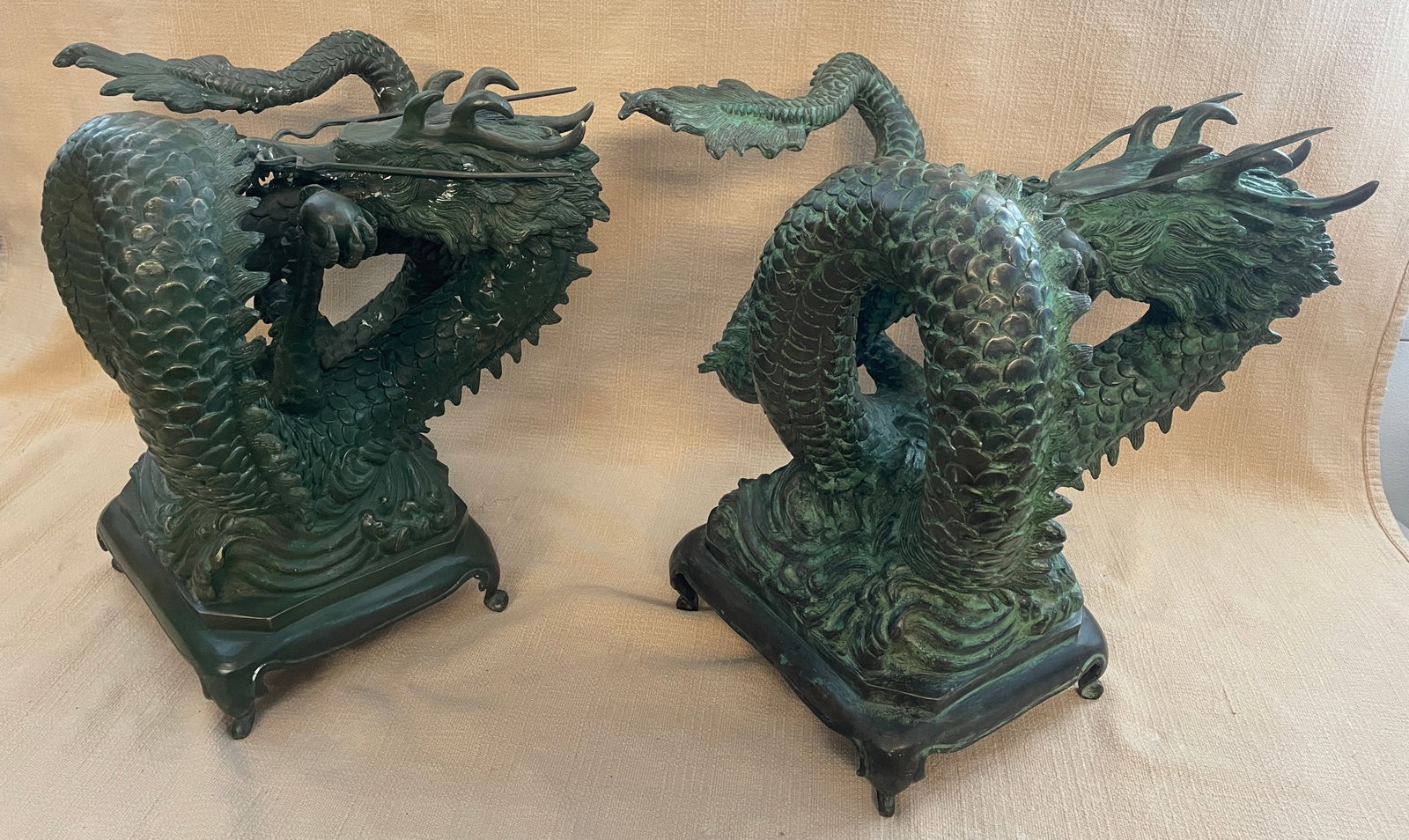 Vintage Cast Bronze Asian/Chinese Dragons Water-Feature Sculptures - Set of 2 - 14
