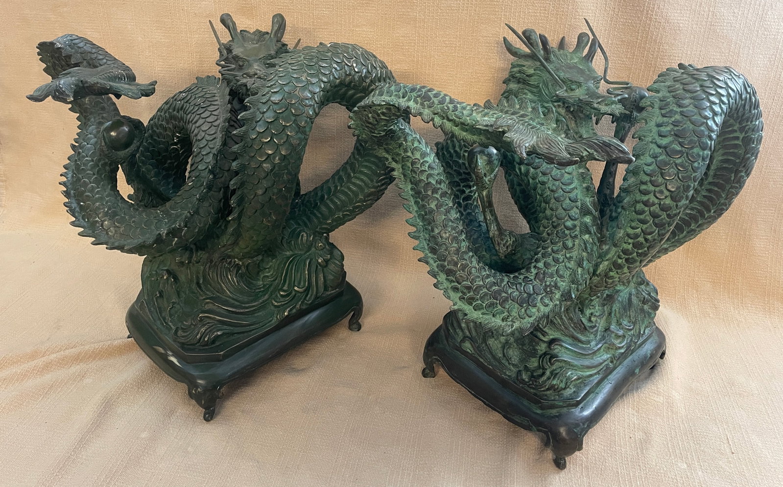 Vintage Cast Bronze Asian/Chinese Dragons Water-Feature Sculptures - Set of 2 - 15