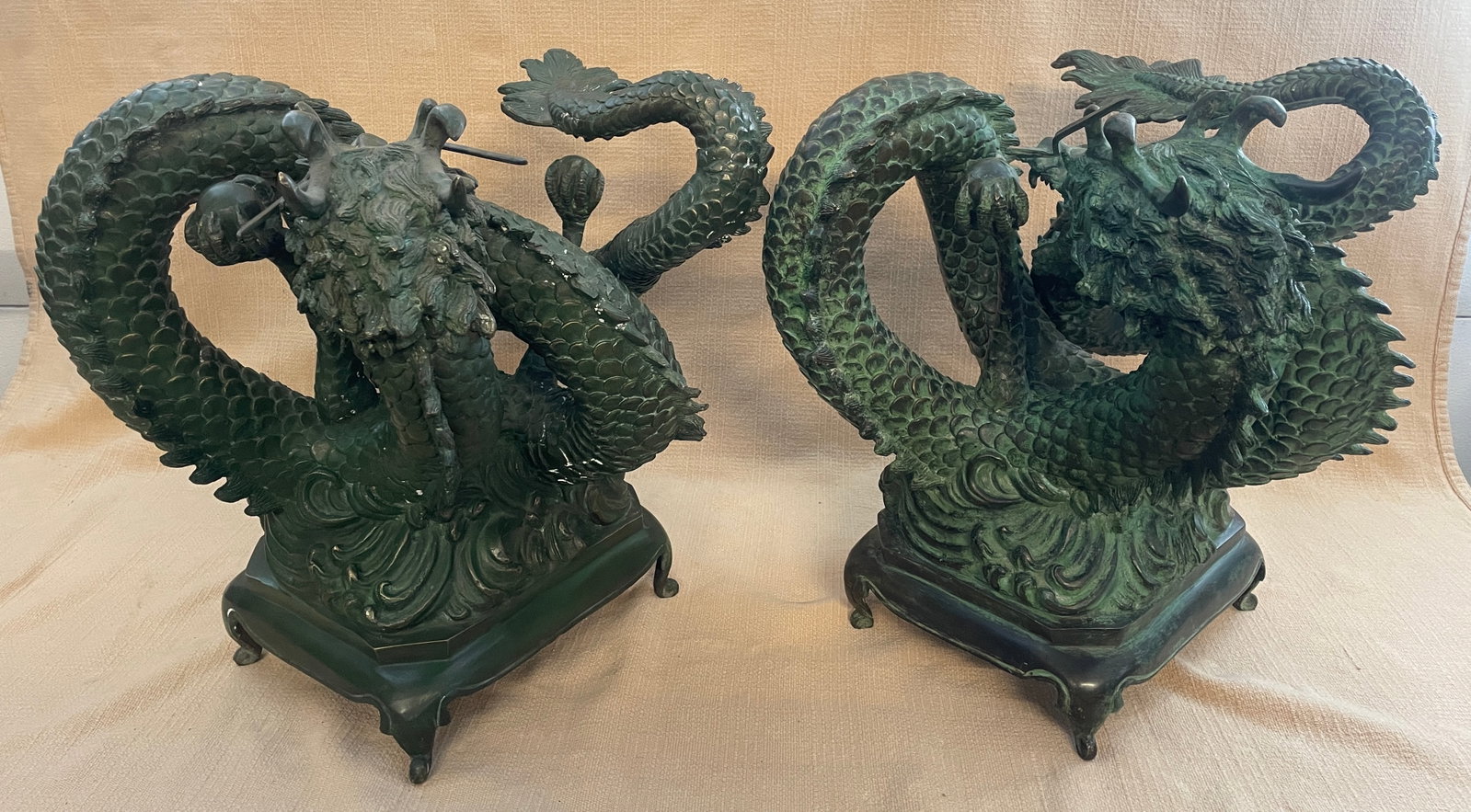 Vintage Cast Bronze Asian/Chinese Dragons Water-Feature Sculptures - Set of 2 - 16