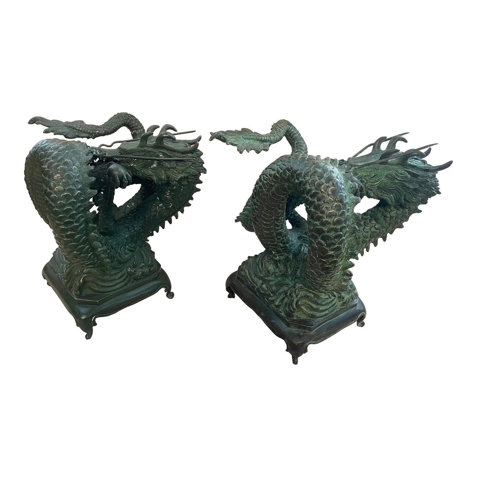 Vintage Cast Bronze Asian/Chinese Dragons Water-Feature Sculptures - Set of 2: These are a beautiful pair of early 20th Century Asian cast bronze dragons. We have seen a similar single comp that was attributed to the 1920's Chinese-export market. These are cast bronze, each