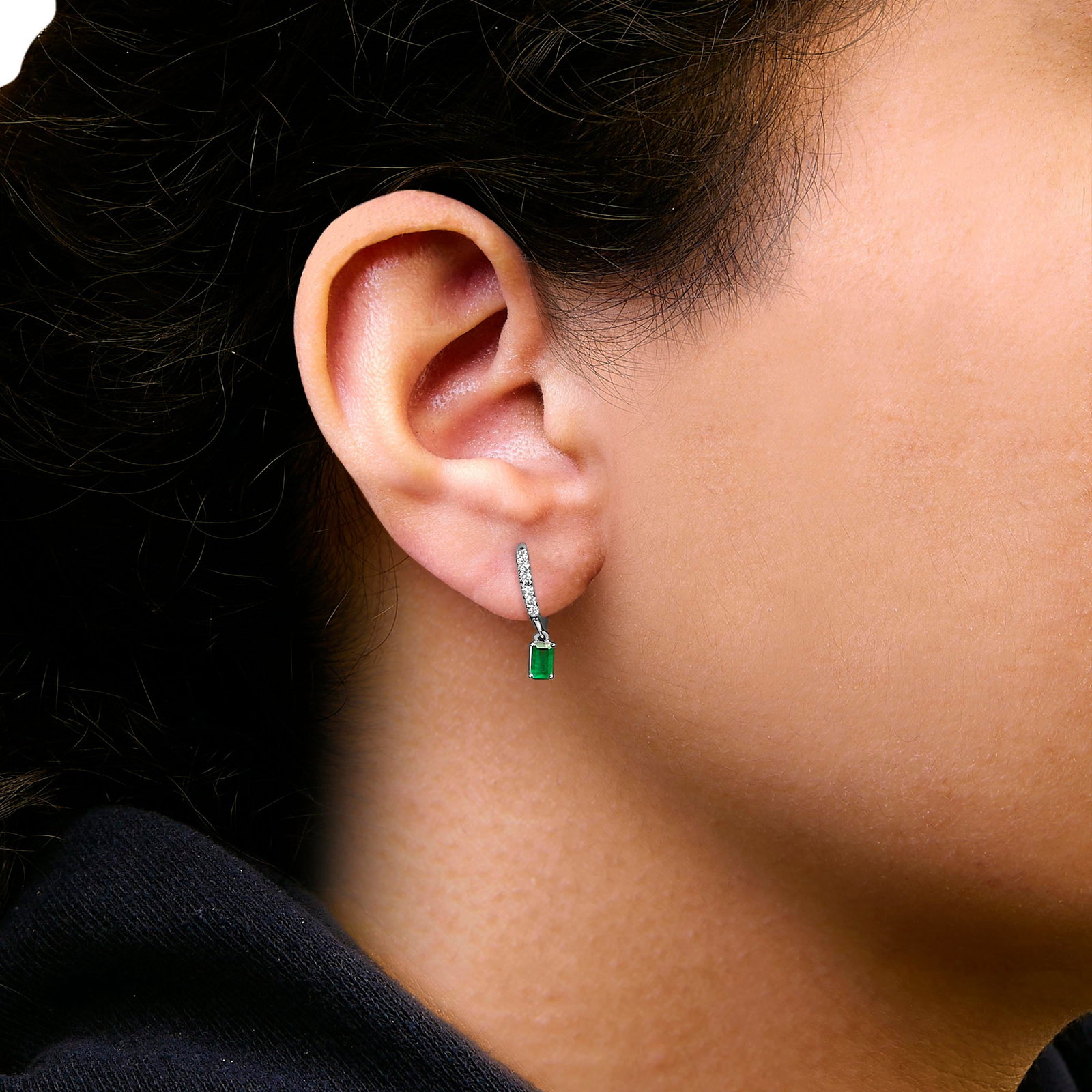 10K White Gold Oval Green Emerald and 1/8 Cttw Diamond Drop Earrings, A Pair - 2