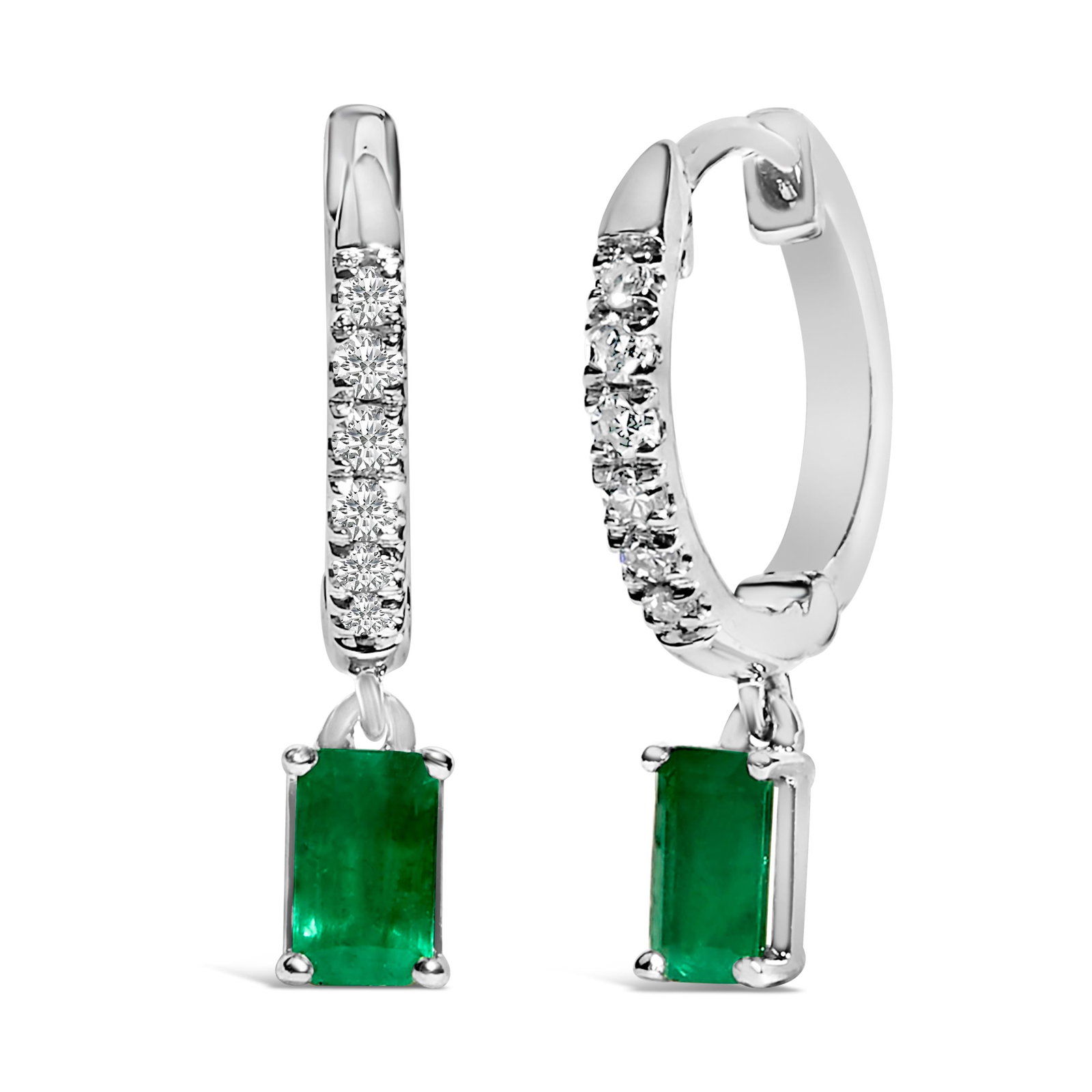 10K White Gold Oval Green Emerald and 1/8 Cttw Diamond Drop Earrings, A Pair - 3
