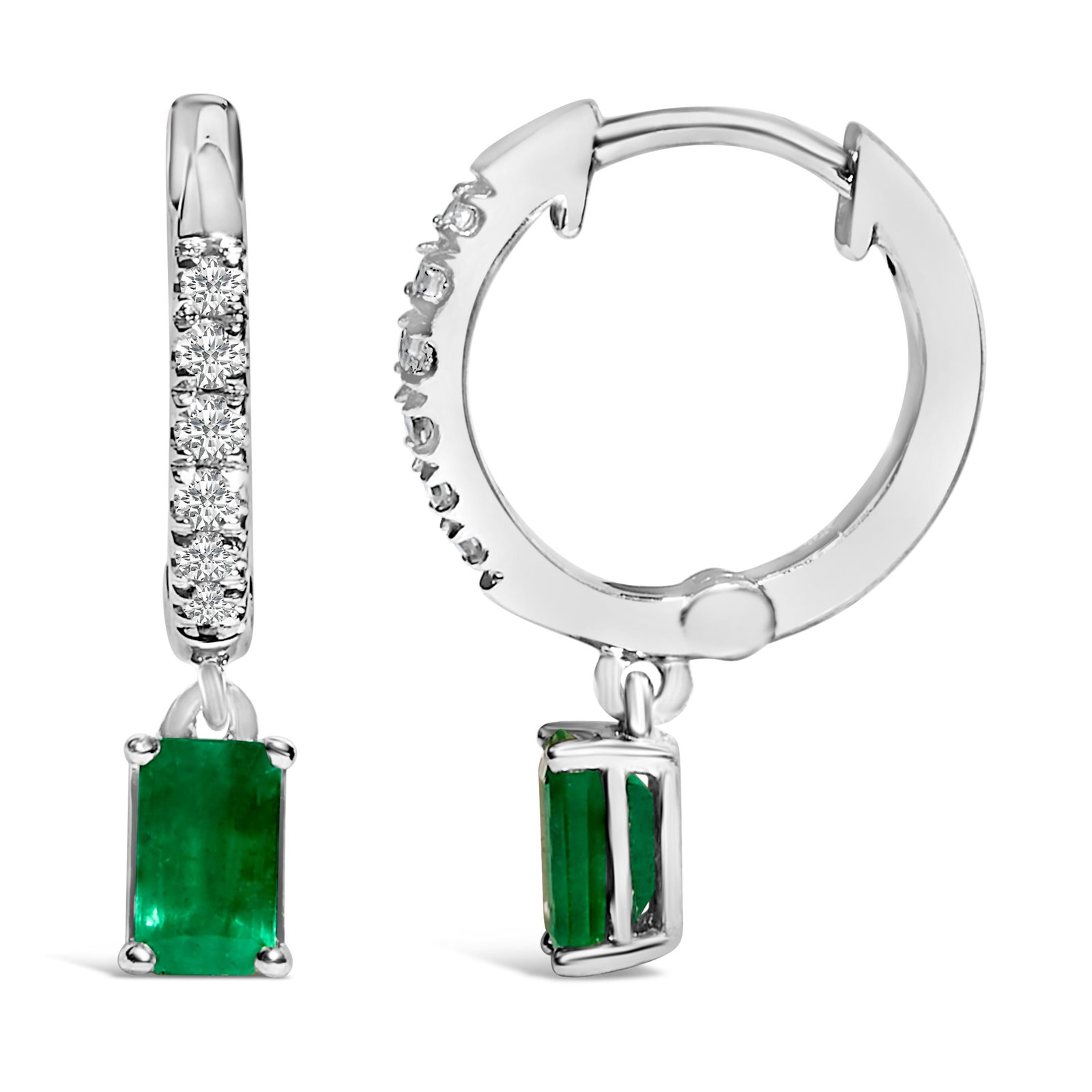 10K White Gold Oval Green Emerald and 1/8 Cttw Diamond Drop Earrings, A Pair - 4
