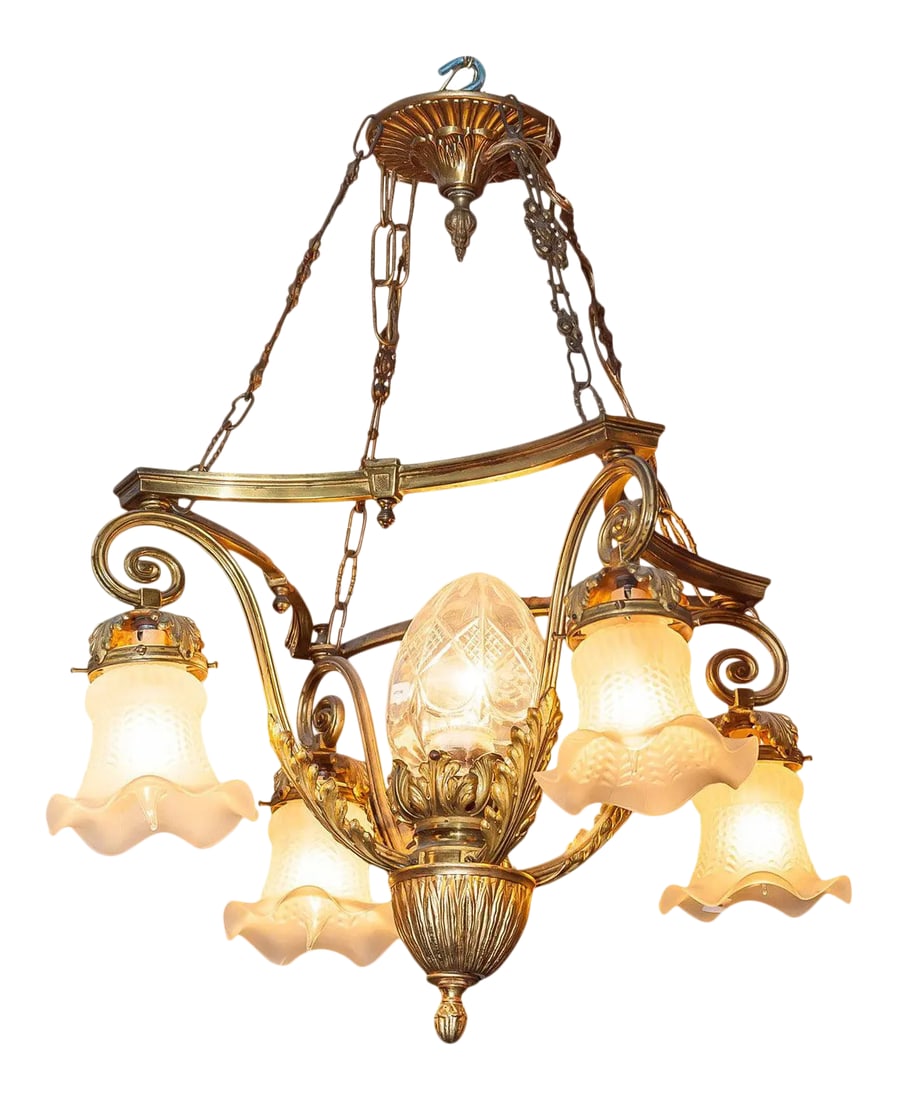 Mid 20th Century Louis XV Style Small Five-Light Gilt Bronze Chandelier: Small 5 light gilt bronze Louis XV style chandelier Stock Number: Condition: Alterations: Unknown Imperfections: Some Imperfections Condition Notes: Good. Wear consistent with age and use. Minor losse