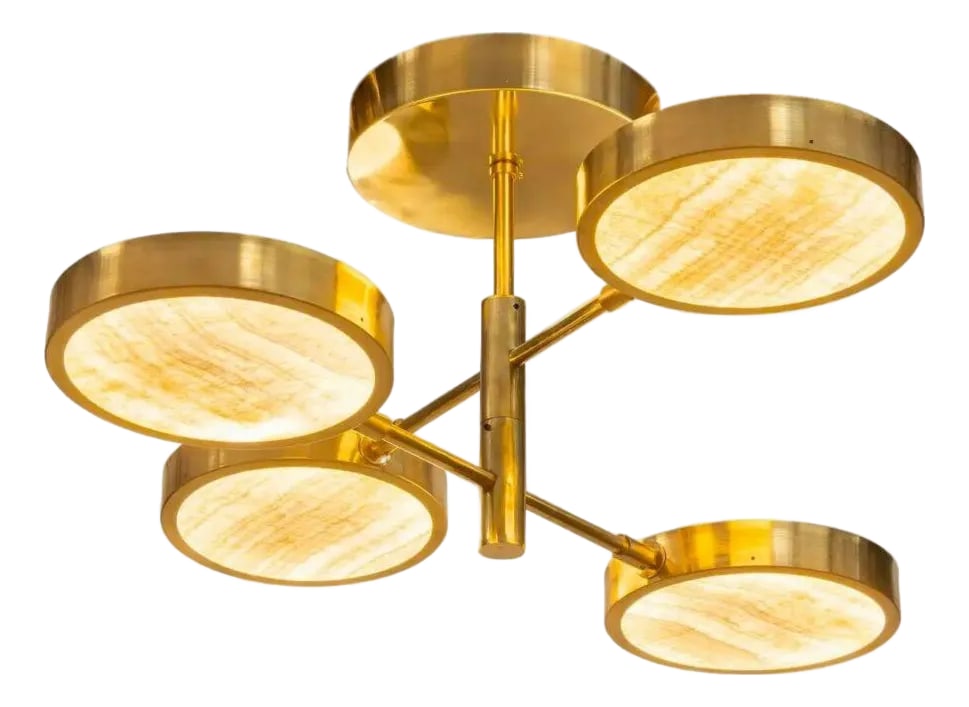 4-Arm Sistema Solare Brass & Onyx Chandelier by Silvio Piatelli Design: BRAND NEW...still in original packaging (bought the wrong size on accident) ....GORGEOUS Luxury brass chandelier, with thinly-cut pieces of exquisite ivory-toned translucent onyx. Ivory onyx comes