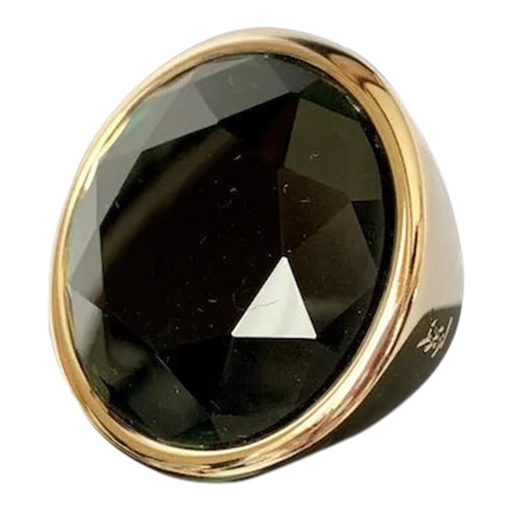 Yves Saint Laurent Gold Tone & Green Stone Ring, Size 6.5: Rare Yves Saint Laurent gold tone and gold stone ring, marked YSL and in the original box. Tom Ford era. Huge, bold!!! Very dark green stone, mesmerizing. Size 6 1/2, you will not be disappointed!