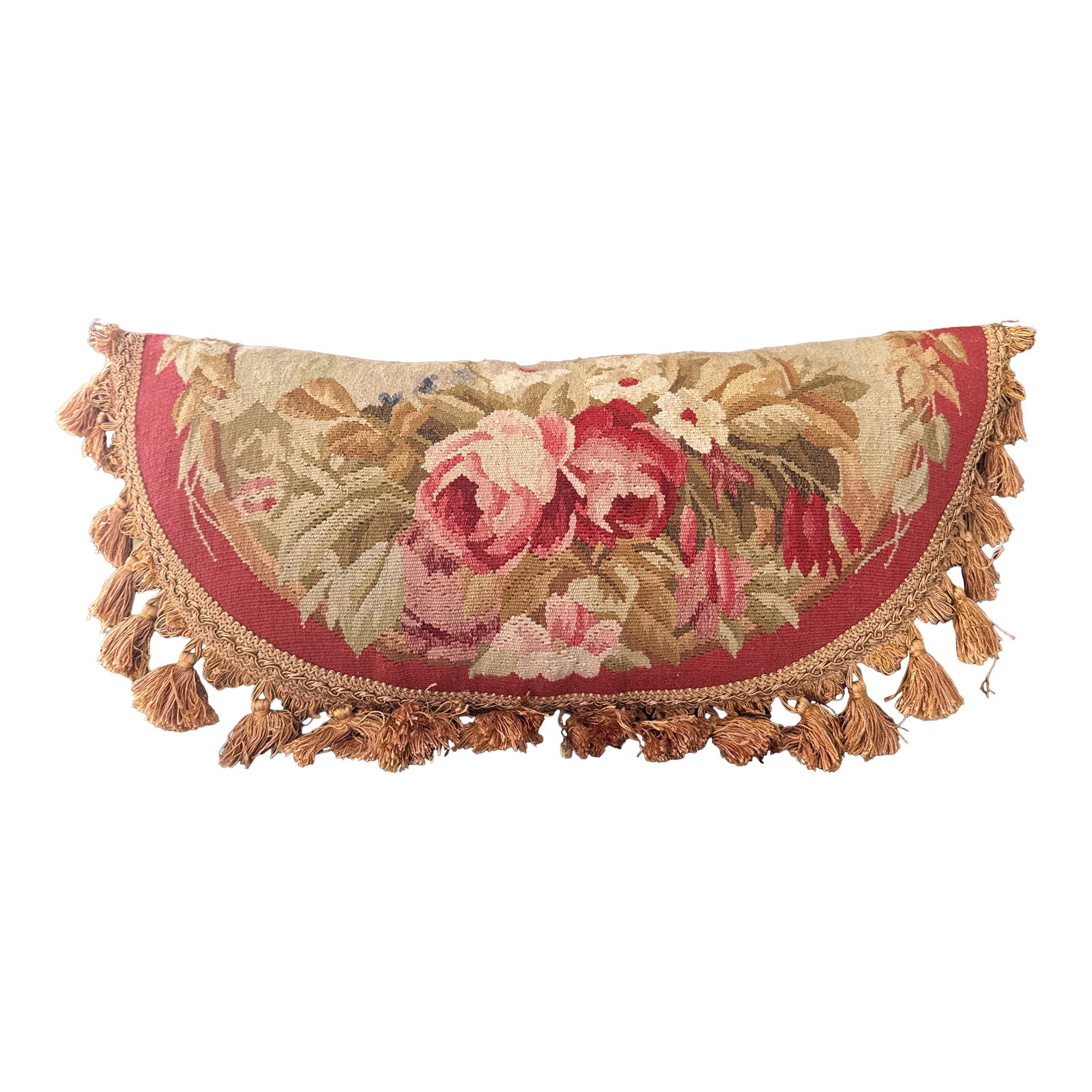 19th Century French Aubusson Silk Pillow: Listing is for an 18th or 19th century French Aubusson panel that was later converted to a fine pillow in the 20th century. The oval segment is sewn to a shantung silk panel in the champagne golden