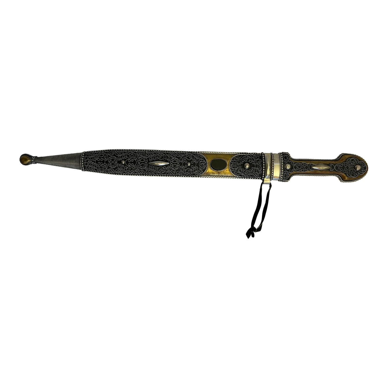 Double-Edged Kindjal Dagger With Silver Filigree and Parcel Gilding, Circa 1950-1970: Double-edged kindjal dagger with silver filigree and parcel gilding Date / Period: Mid-20th century (circa 1950 - 1970) Origin: Caucasus region - Dagestan or Georgia Materials: Steel, silver filigree,