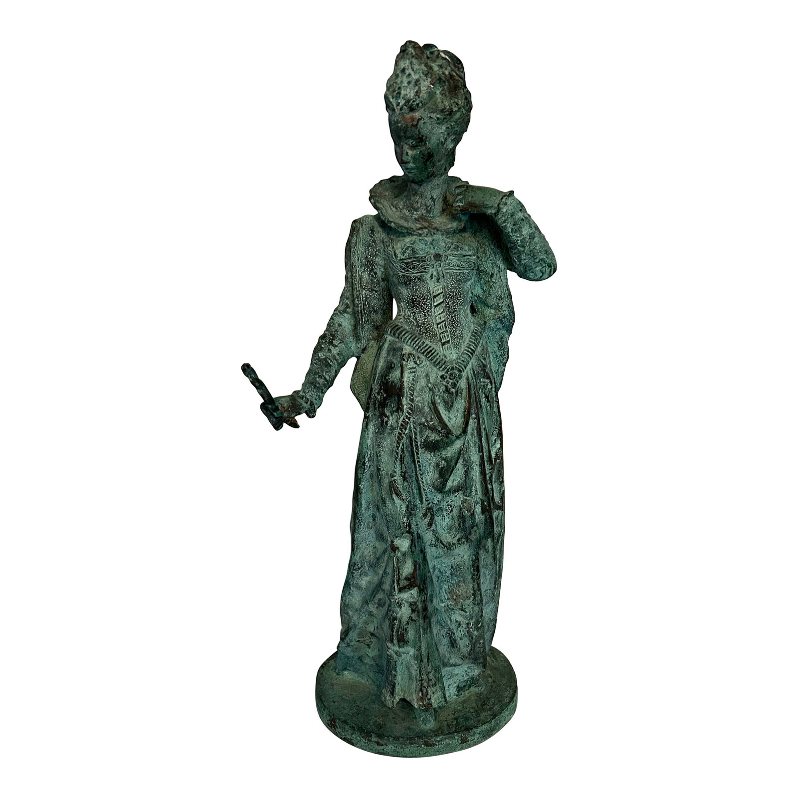 Late 19th Century Patinated Bronze Figure of a Lady With Mirror: This elegant allegorical figure likely dates from ca. 1890 - 1910, representing the theme of "Vanity" or "La Toilette" popular in Belle Epoque decorative bronzes. The modeling, drapery, and facial