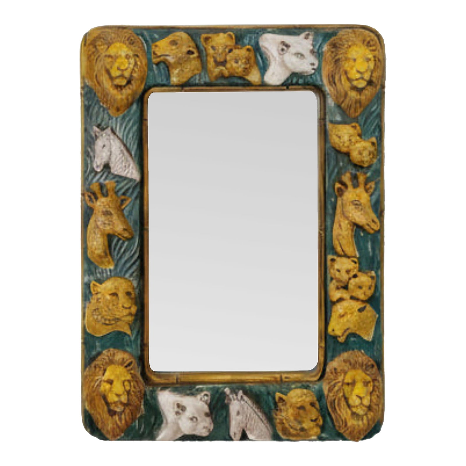 1970s Haeger Wild Animals Wall Mirror by C. Glenn Richardson: Rare, large ceramic framed wall mirror by C. Glenn Richardson, chief designer of Haegar Pottery during the mid 20th century. This mirror has Lions' heads in each corner and panther, giraffe, zebra, ti