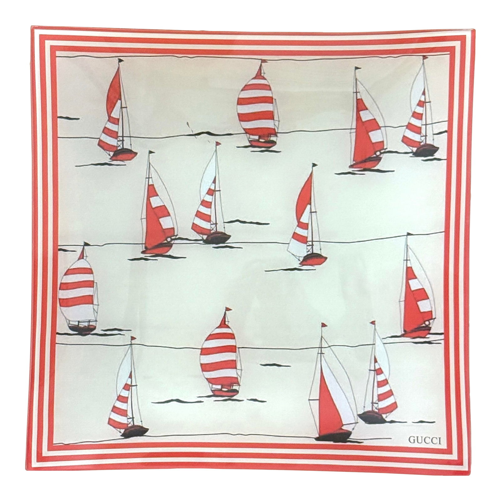 Vintage Gucci Sailboat Tray: GUCCI glass tray with Sailboat design. Square shape with curved corners to corral items, food. Glass with a painted design adhered to the underside. Made in Italy. Condition: Alterations: Original