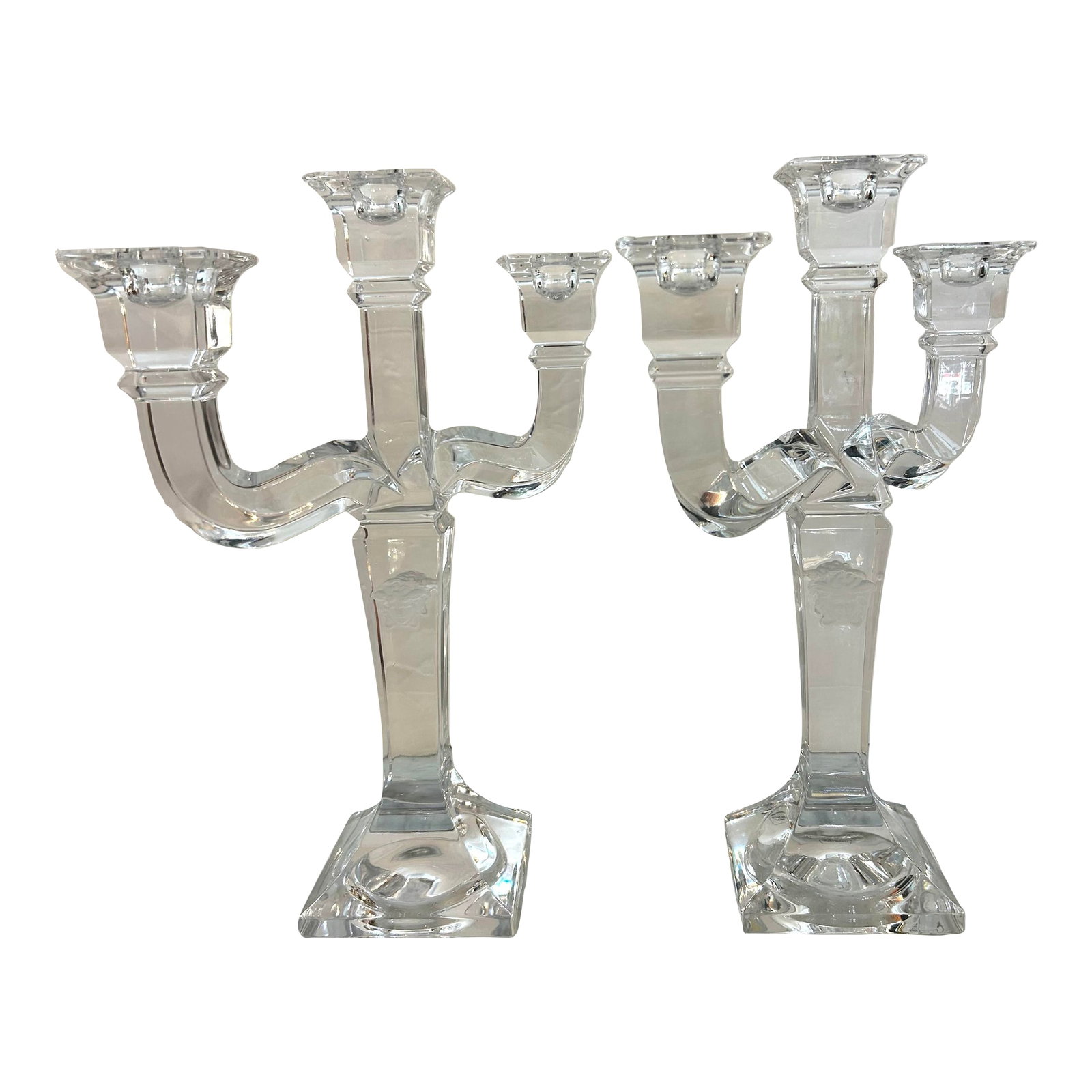 Rosenthal Austria Versace Crystal 3 - Arm Candlesticks With Frosted Medusa on the Center Arm Signed, (1 of 12)