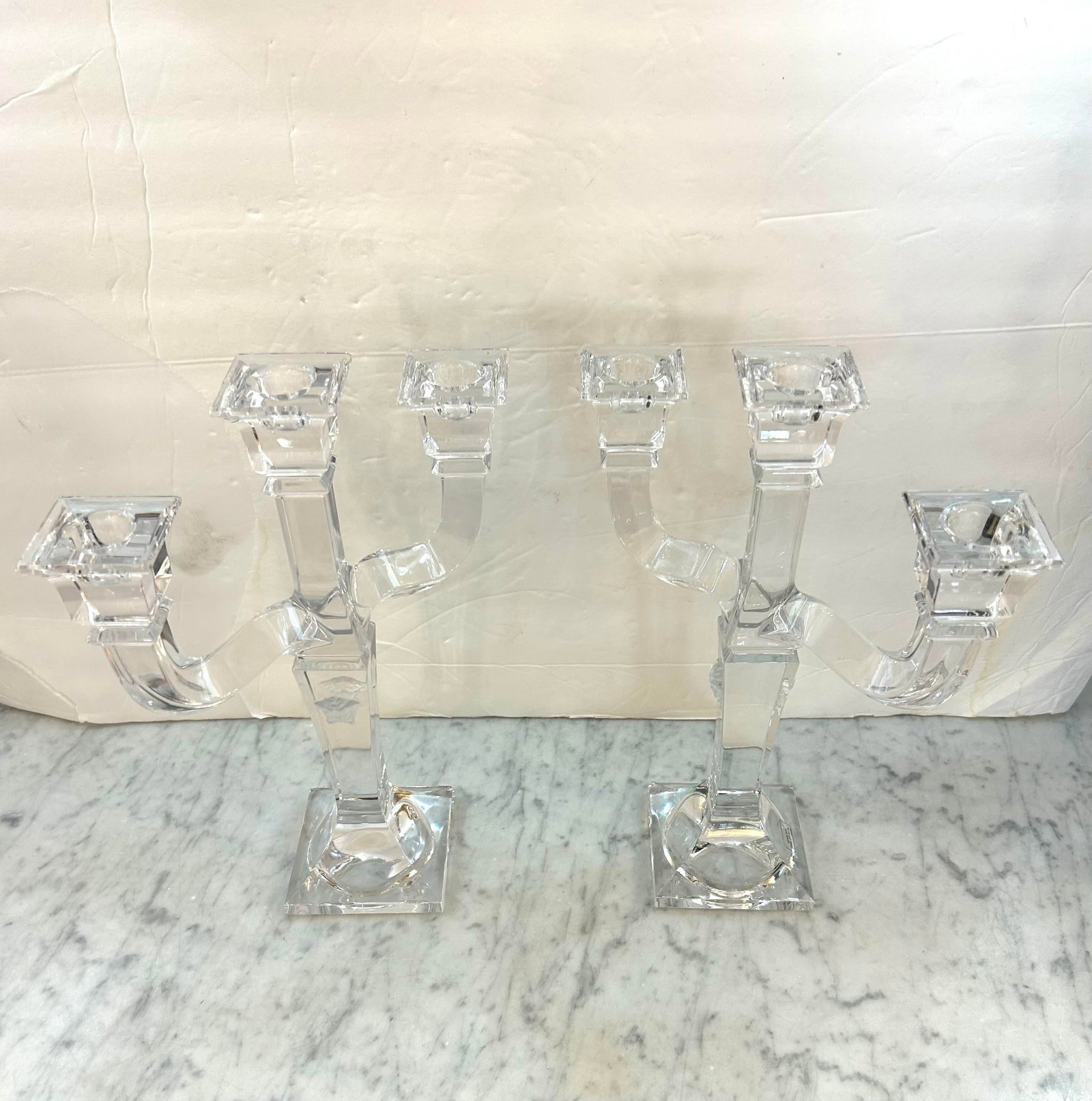 Rosenthal Austria Versace Crystal 3 - Arm Candlesticks With Frosted Medusa on the Center Arm Signed, - 4
