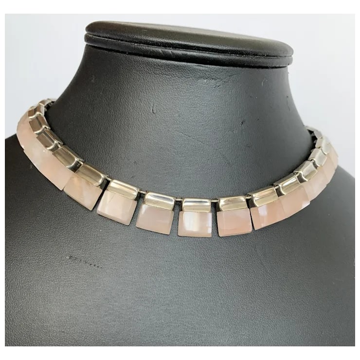1990s Taxco Sterling and Rose Quartz Necklace - 2