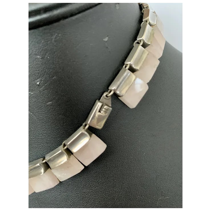 1990s Taxco Sterling and Rose Quartz Necklace - 4