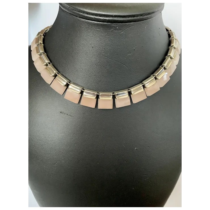 1990s Taxco Sterling and Rose Quartz Necklace - 6