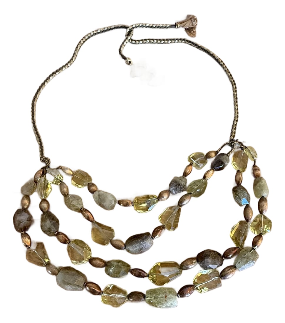 Golden Citrine Quartz and Bronze Multi-Strand Statement Necklace: Elevate your look with this luminous, multi-strand statement necklace crafted from faceted citrine quartz and raw golden stones, interspersed with bronze metallic beads. The design captures the