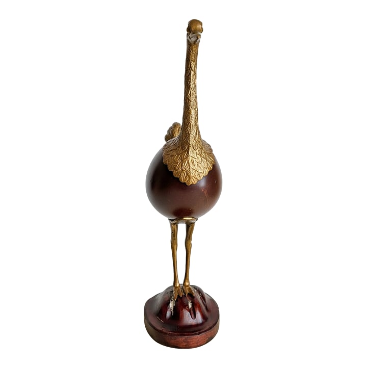 Vintage Sarreid Spain Brass and Wood Ostrich Figurine - Collectible Mid-Century Decorative Sculpture: Imbue your decor with the whimsical elegance of this vintage ostrich figurine by Sarreid of Spain. Fashioned from high-quality brass and wood, this mid-century piece features a long, graceful neck