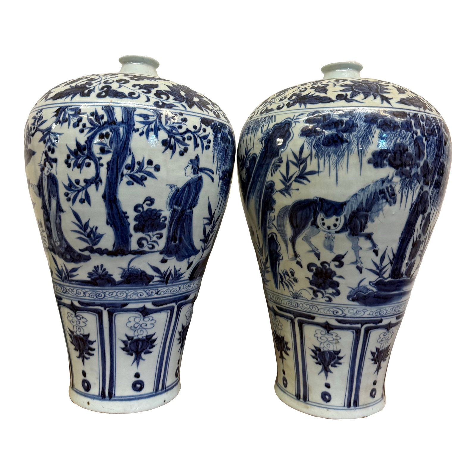 Pair of Large Blue and White Chinese Yuan Period Character Vases 17": Pair of large vases. 18" tall. 10" wide. In excellent condition. In the yuan style of 1200-1300 Century - I have no way of knowing if they are actually from that era - more likely made I. That style..