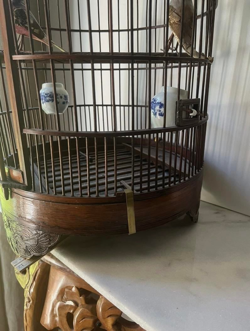 Vintage Chinese Bamboo Song Bird BirdS Cage Porcelain Feed Bowls - 10