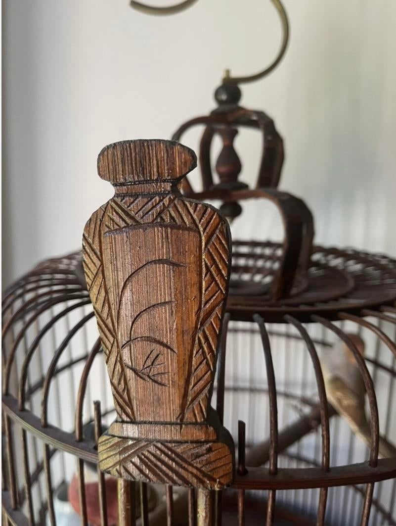 Vintage Chinese Bamboo Song Bird BirdS Cage Porcelain Feed Bowls - 2