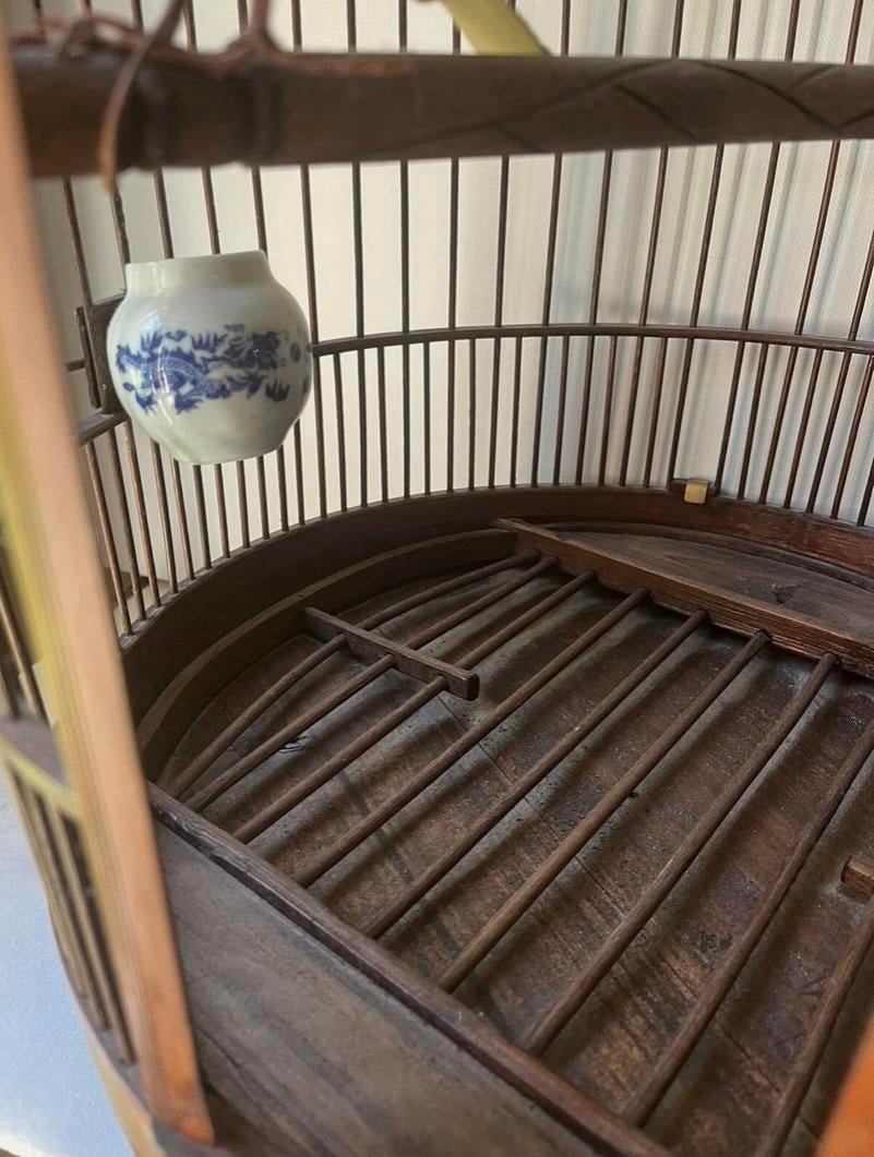 Vintage Chinese Bamboo Song Bird BirdS Cage Porcelain Feed Bowls - 9