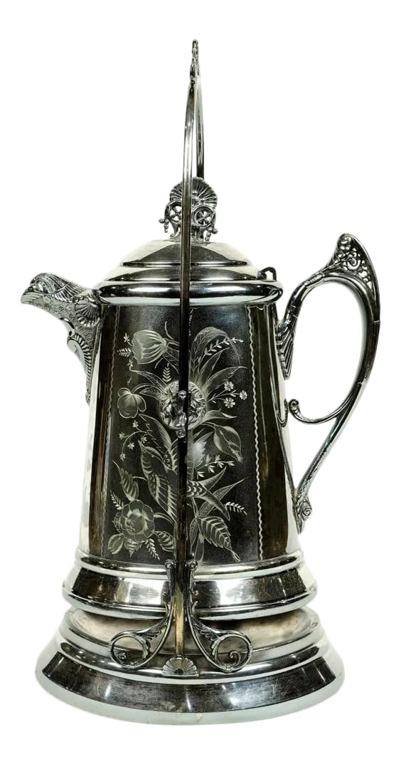 Mid 19th Century Aesthetic Movement Sunderlin & Co. Triple Plate Tilting Cold Water Pitcher: (YOU CAN MAKE REASONABLE OFFERS.) This is an antique tilting cold water pitcher/dispenser on stand. It is made by Sunderlin & Co. in the Aesthetic Movement taste. The pitcher has beautiful