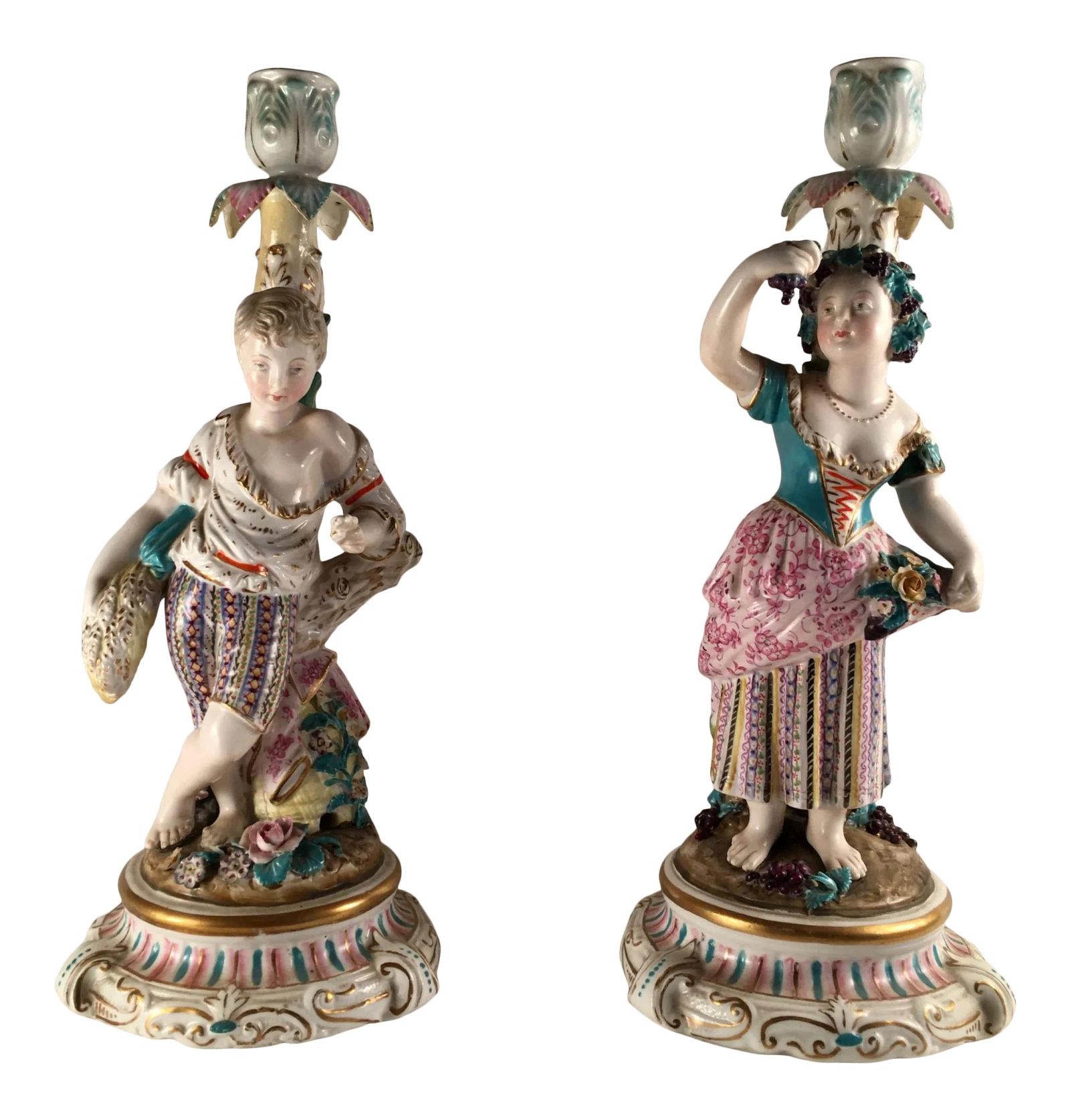 Mid 19th Century Porcelain Rococo Style Figural Candlesticks - a Pair: Pair of Antique Porcelain Rococo Style Figural Candlesticks This pair of large and lovely candle holders is hand painted in exquisite detail and highlighted in gold. The enamel decoration has Meissen 