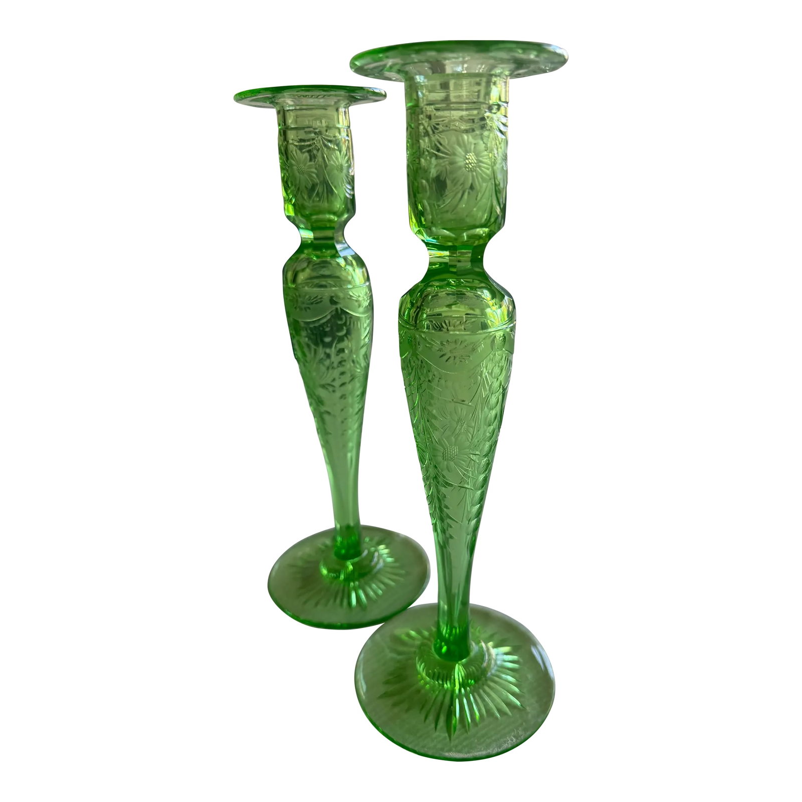 Pairpoint-Style Peridot Green Cut Glass Candlesticks - Circa 1930: Striking pair of peridot green cut-glass candlesticks, beautifully etched with floral and geometric detailing. Early 20th-century craftsmanship in the style of Pairpoint Glass - elegant, vibrant, and
