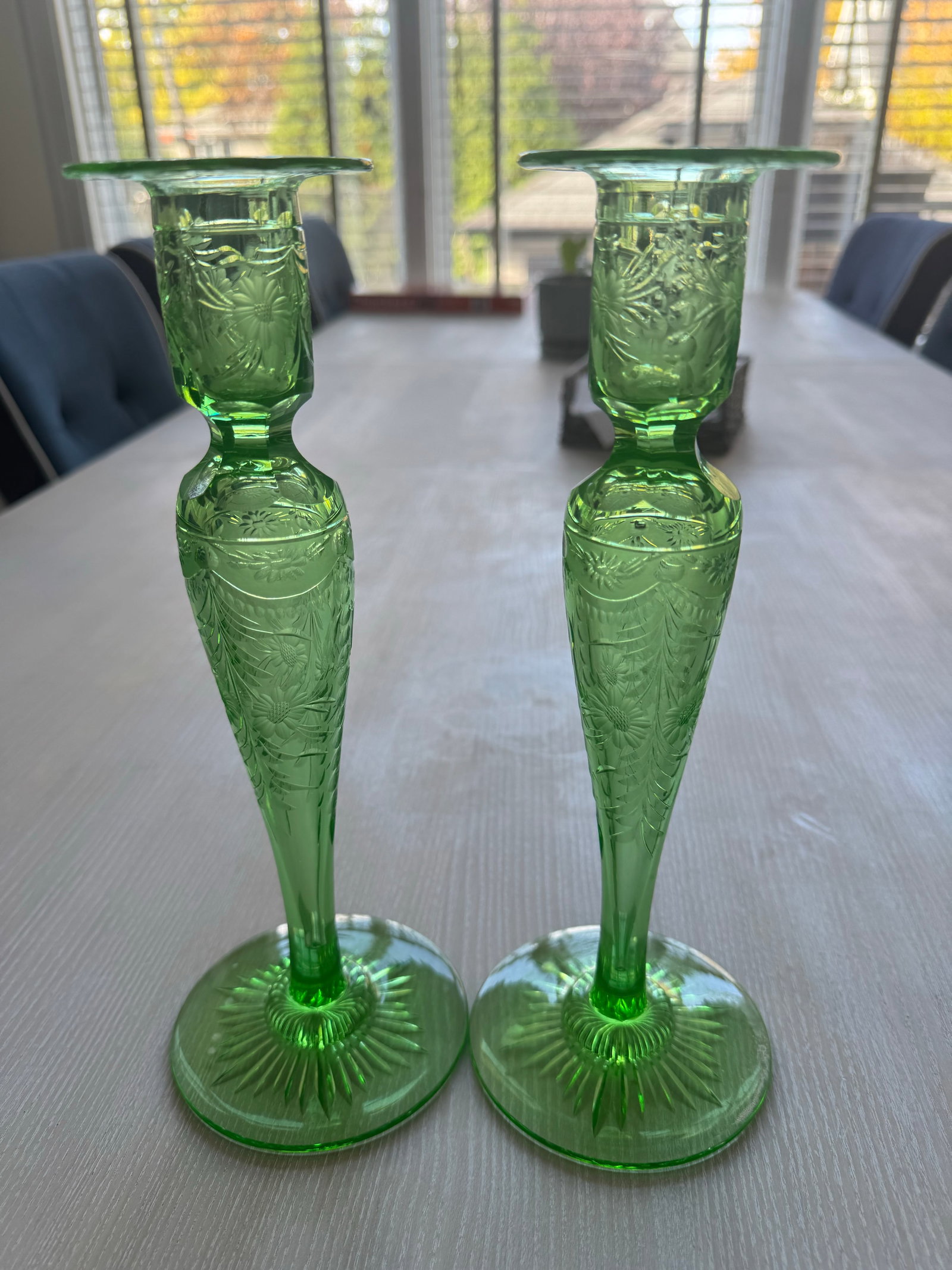 Pairpoint-Style Peridot Green Cut Glass Candlesticks - Circa 1930 - 2