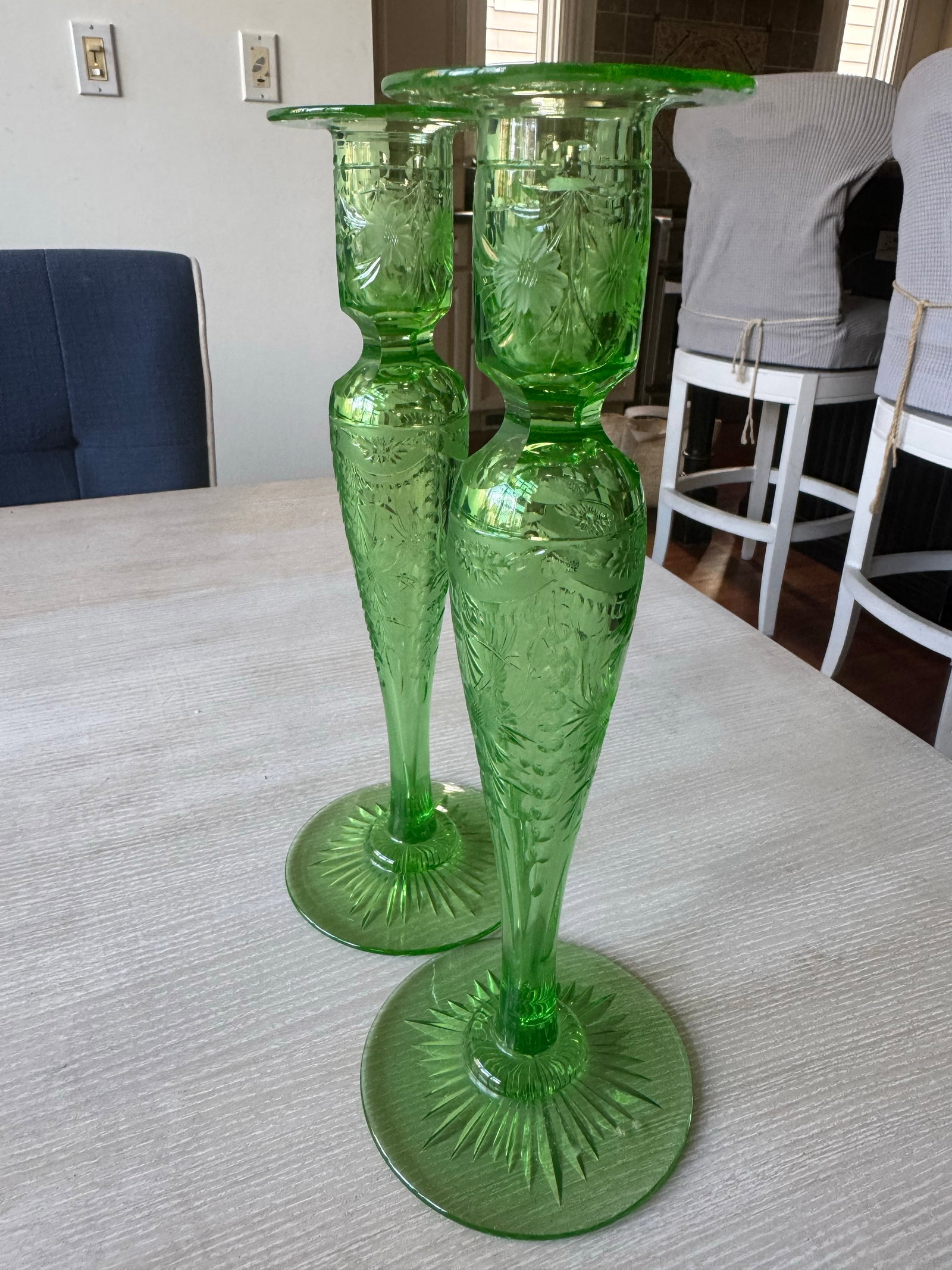 Pairpoint-Style Peridot Green Cut Glass Candlesticks - Circa 1930 - 3